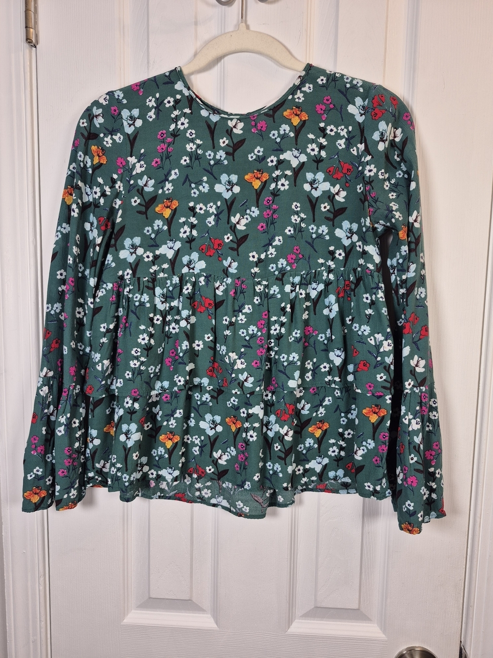 Zara Green Floral Tiered Babydoll Top XS Boho Cottagecore Ruffle Romantic